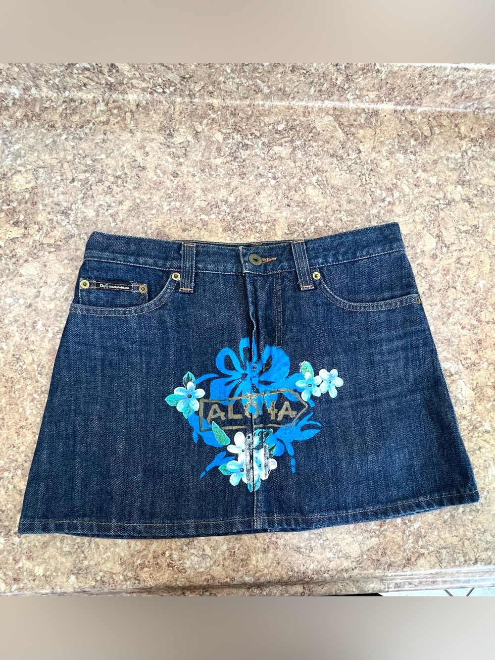 Dolce & Gabbana Dark Blue Denim Mini Skirt with Blue Floral Aloha Motif